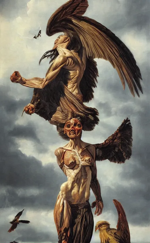 Image similar to an anatomical oil painting of a Harpy from a medical journal by Alex Ross, highly detailed, high detail, photoreal, 8k, storm clouds, birds, dramatic lighting