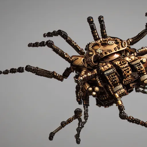 Image similar to steampunk spider robot with eight legs and gears, insane details, sharp focus, octane render