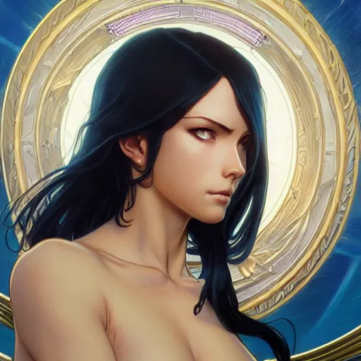 Image similar to highly detailed vfx portrait of nico robin, greg rutkowski, makoto shinkai, alphonse mucha, sharp focus, art by artgerm and greg rutkowski, backlit, harsh overhead sunlight, blue eyes,