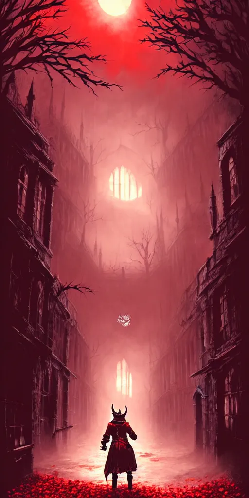 Image similar to abandoned bloodborne old alley with a kid at the centre, trees and stars background, falling petals, epic red - orange sunlight, perfect lightning, illustration by niko delort,