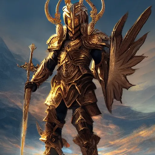 Image similar to A celestial god, wearing the armor of 100 suns standing on a mountain, cinematic, dynic lighting, photorealistic, fantasy concept art, ultra detailed, stunning visuals