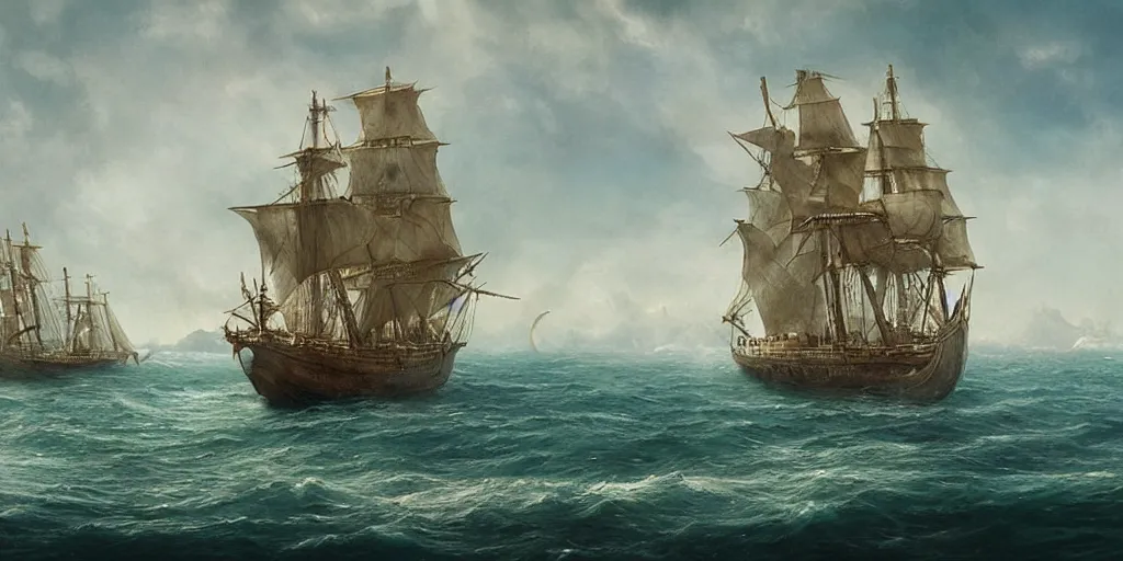 Image similar to a beautiful matte painting, an ancient large sailing ship sailing on the sea