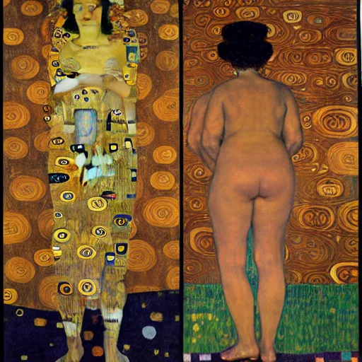 Image similar to gustav klimt painting of two women looking at a data dashboard and making a decision of great significance