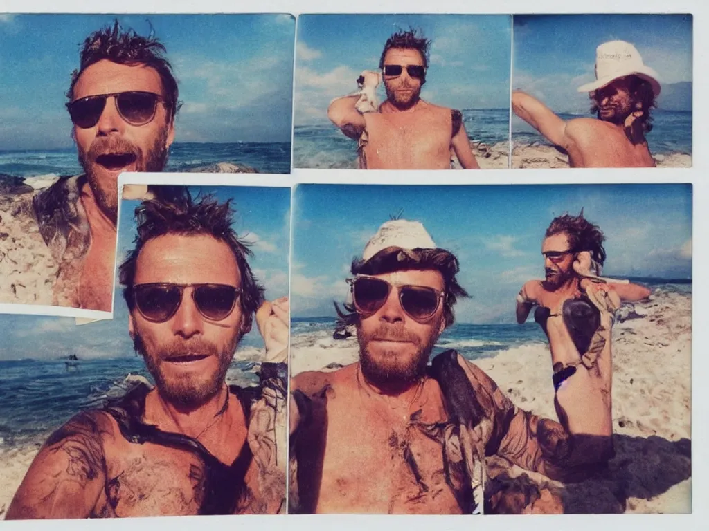 Image similar to jovanotti ravages the beaches of the adriatic coast crying, polaroid color photo, ultra realistic