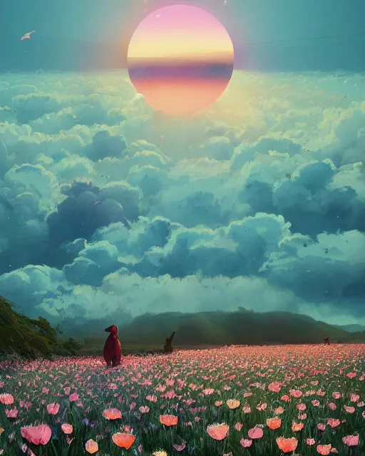 Image similar to white capybara!! looking at the sun in a flower field, surreal photography, sunrise dramatic light, impressionist painting, colorful clouds, digital painting, artstation, kilian eng, john harris, bastien lecouffe - deharme, simon stalenhag, flower face