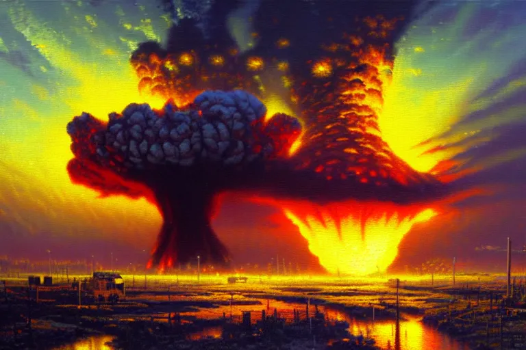 Prompt: grim centered oil painting of a huge nuclear explosion with toxic waste, octane rendering, trending on artstation, thomas kinkade and james gurney