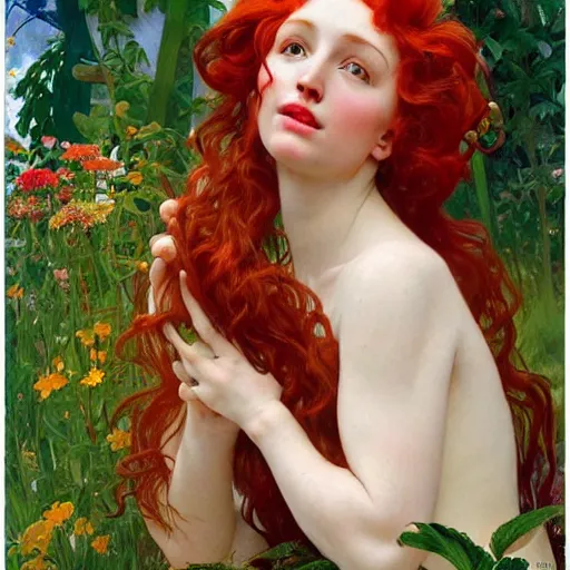 Prompt: a beautiful red haired woman in a garden, beautiful highly detailed face, stunning painting by irakli nadar and alphonse mucha