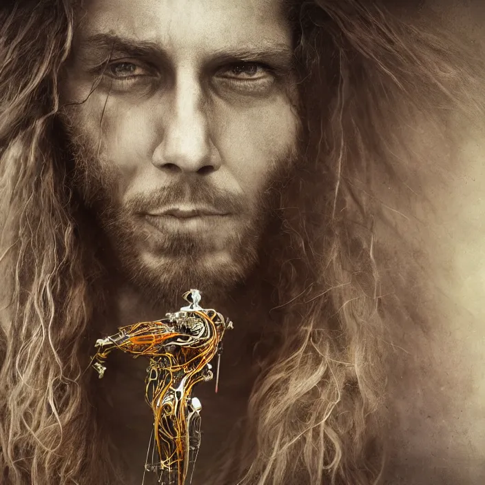 Prompt: long haired hippie cyborg with rastacap, photorealism, white detail plastic biomechanical with gold, copper, bronze, chrome by lee jeffries, erik johansson, supersampled, 8 k, beautify