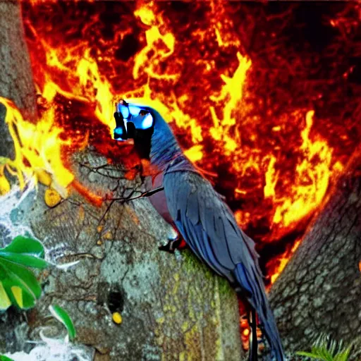 Image similar to parrot burning alive, huge fire, cartoon blood dripping