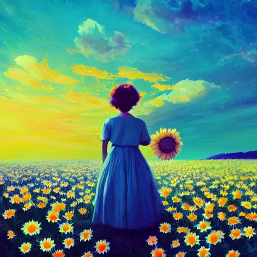 Image similar to girl with a giant daisy head, surreal photography, flower field, sunset dramatic light, impressionist painting, colorful clouds, blue sky, digital painting, artstation, simon stalenhag