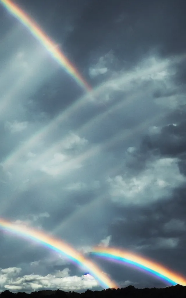 Image similar to dark night dramatic airbrushed clouds over black background, light gleams and beams, little green flares, dim rainbow in the distance, photography fantasy, realistic