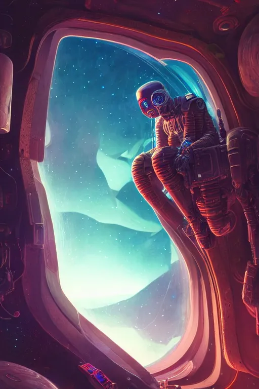 Image similar to nomad, sad in spaceship, gazing at view of galaxy in space through a window, intricate detailed environment, photorealistic!, octane render, mechanical, concept art, cinematic lighting, digital art, interstellar, hyper realism, sharp, cyberpunk, 8 k, de dia los muertos. by angus mckie, moebius, maciej kuciara