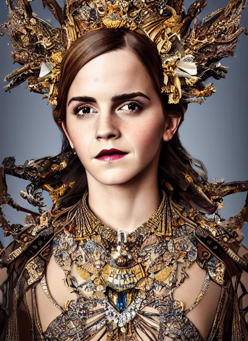 Prompt: expressive full body photo of a emma watson, ornate headpiece made from knives, ornaments, glamour shot, by karol bak, by stefan gesell, photorealistic, canon r 3, fashion photography, hyper maximalist, elegant, ornate, luxury, elite, environmental portrait, symmetrical features, octane render, unreal engine, solid dark grey background, dramatic lights