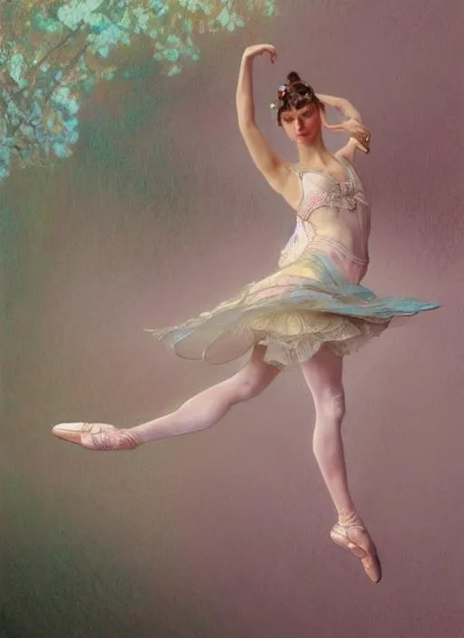 Image similar to a beautifull intricate pastel painting of a dancing ballerina, reflexions, verry high details by william turner art, greg rutkowski and alphonse mucha, trending on artstation, very very detailed, masterpiece, muted colors