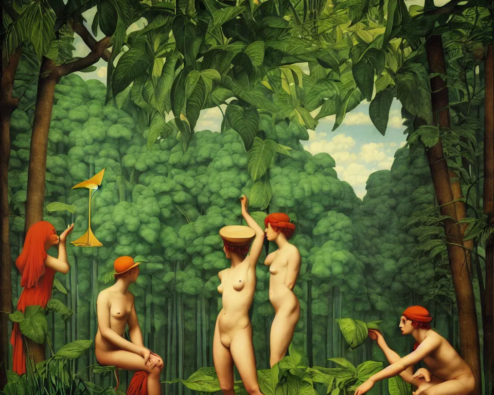 Image similar to an achingly beautiful print blind justice in the jungle by Raphael, Hopper, and Rene Magritte. detailed, romantic, enchanting, trending on artstation.