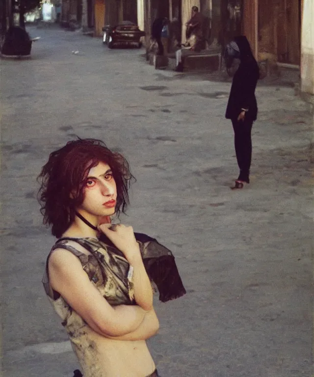 Image similar to a color photograph of persian young woman in the streets, by nan goldin, out of place, intense, bold, exaggerated, over proportion, painted over by andrew wyeth, hyperrealistic, ultra sharp, extra details, ultra high quality,