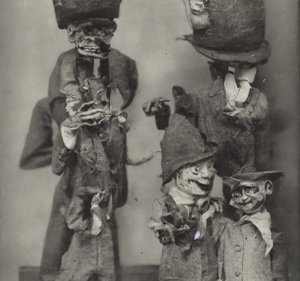 Image similar to a ventriloquist figure wearing a funny hat, ventriloquist dummy head, smiling, photograph, style of atget, nightmare, concept art, creepy, antique