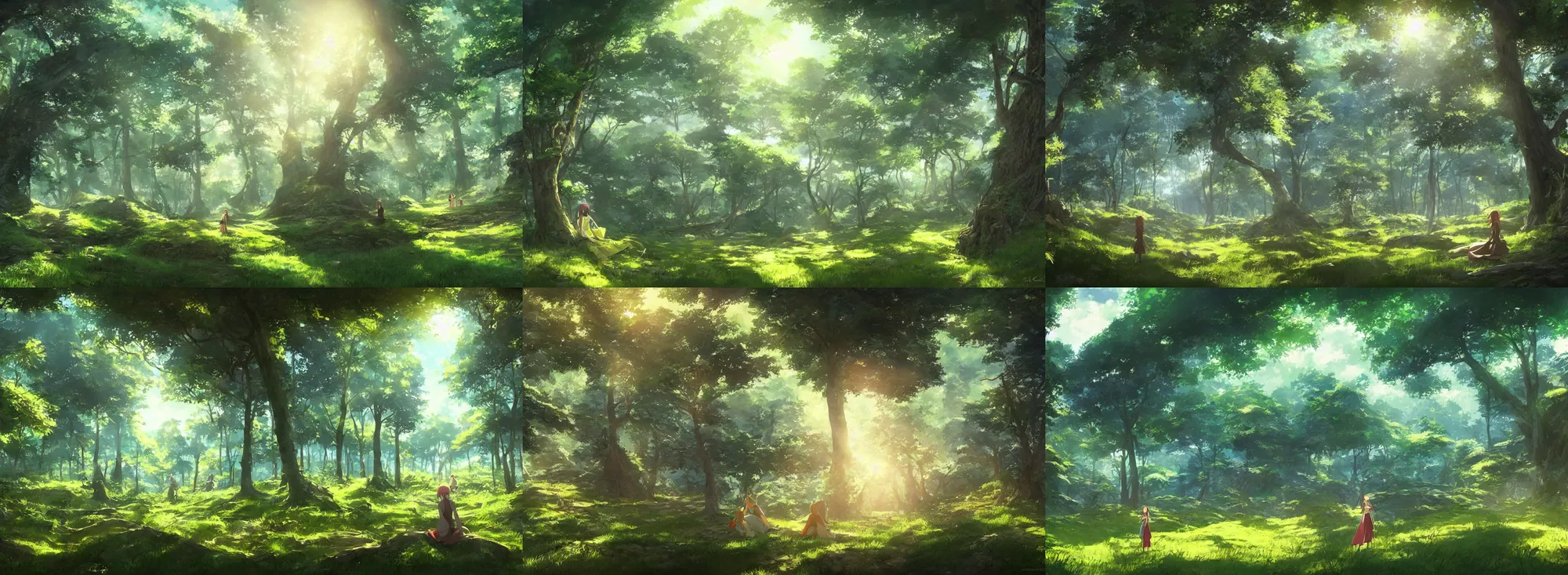 Prompt: Inside a lush forest, bright sunny day, clear sky, fantasy, medieval, Patrick O'keefe style, Makoto Shinkai