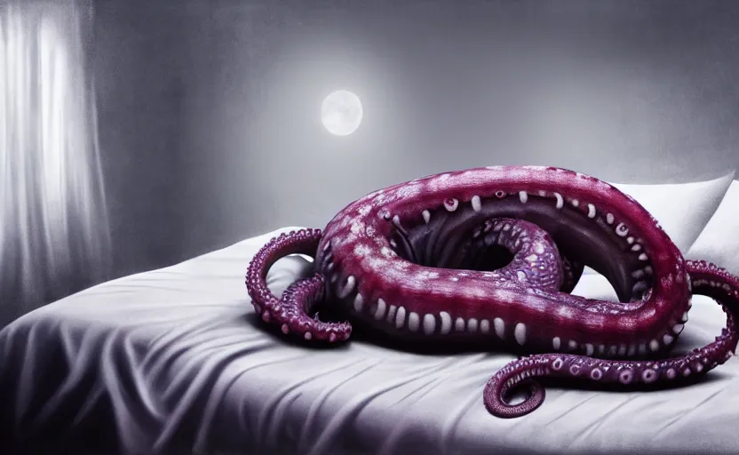 Prompt: matte oil painting of a lovecraftian tentacle creature crawling onto a bed inside a bedroom, extremely graphic, disturbing, cinematic, 4 k, 8 k