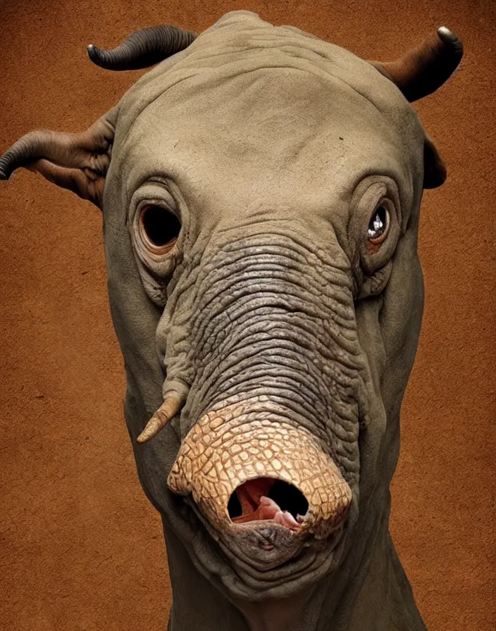 Prompt: portrait of muscular animal human merged head skin ears, large dark background, scales skin dog, cat merged elephant head cow, chicken face morphed fish head, gills, horse head animal merge, morphing dog head, animal eyes, merging crocodile head, anthropomorphic creature