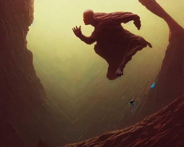 Image similar to a man falling into a tesseract, sci - fi, cyberpunk, dune movie, ridley scott, denis villeneuve, painted by zdzislaw beksinski and artgerm and greg rutkowski and alphonse mucha