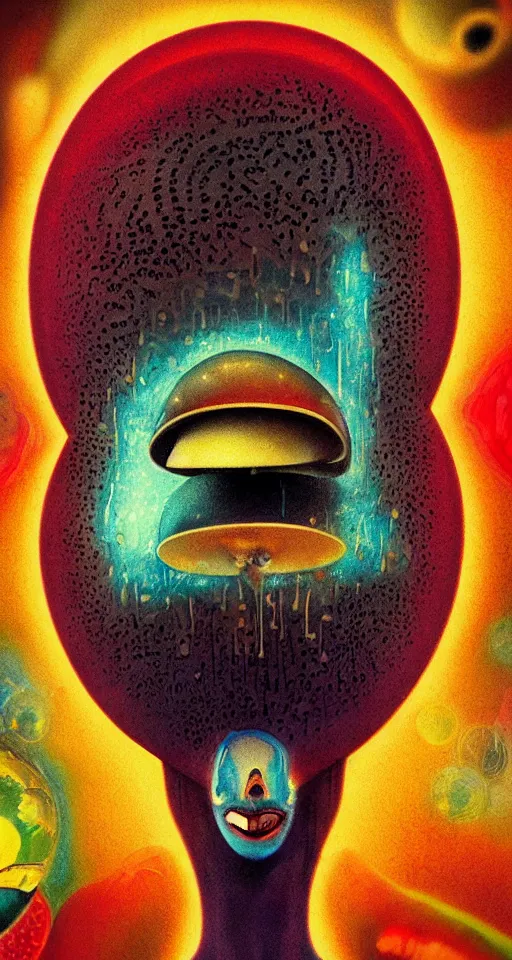 Image similar to art deco close up portait of mushroom head with big mouth surrounded by spheres, rain like a dream digital painting curvalinear clothing cinematic dramatic fluid lines otherworldly vaporwave interesting details epic composition by artgerm basquiat