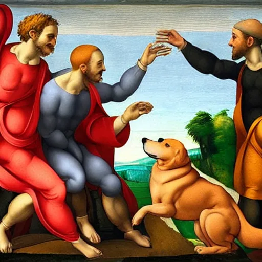 Prompt: the creation of adam by michelangelo but the people are replaced with shiba - inu dogs