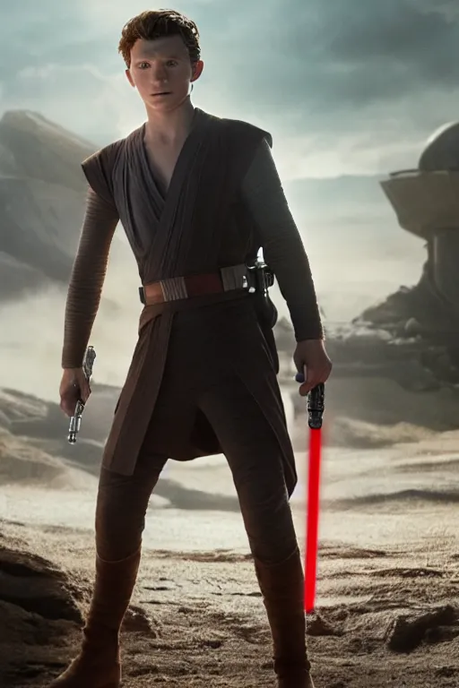Prompt: tom holland as a jedi in a new star wars film, 3 5 mm photography, highly detailed, cinematic lighting, standing pose, holding lightsaber 4 k