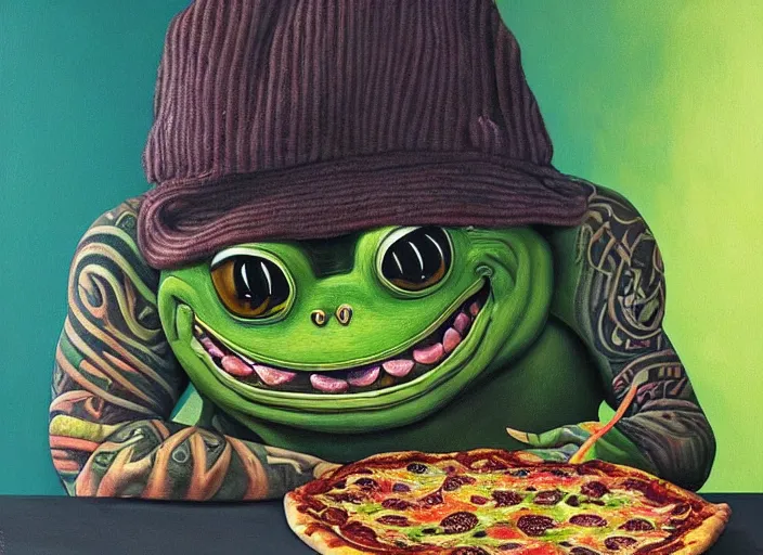 Prompt: hyper realistic detailed painting of a heavy tattooed pepe the frog family in punk clothes in mid 70s italian restaurant eating pepperoni bug pizza with roasted rainbow tungsten cube and sipping on a hopium with a dash of doom juice by Andrei Tarkovsky, Adrian Ghenie, Storm Thorgerson, and Beeple, semi naive, pastel colors, Hilma af Klint color palette, cinematic, very coherent symmetrical artwork, cinematic, hyper realism, high detail, 8k, last supper composition. Beksinski painting, part by Adrian Ghenie and Greg Hildebrandt. art by Neo Rauch. masterpiece