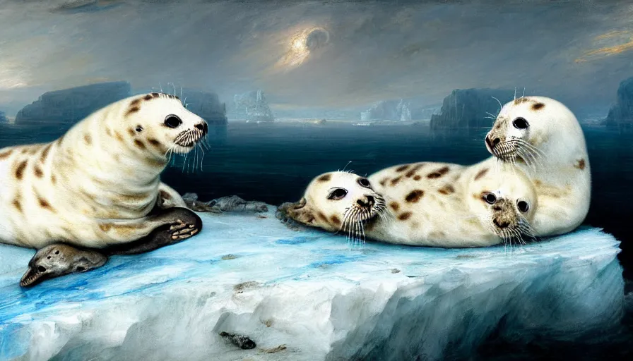 Image similar to highly detailed painting of cute furry white baby seal leopards cuddling into each other on a blue and white iceberg by william turner, by greg rutkowski, by william constable, thick brush strokes and visible paint layers, 4 k resolution