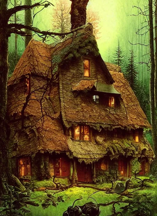 Image similar to hyper realistic homely witch cottage rococo in the woods gorgeous lighting, highly detailed, lush forest painting by norman rockwell, james gurney zdzisław beksinski and norman rockwell and greg rutkowskiweta studio