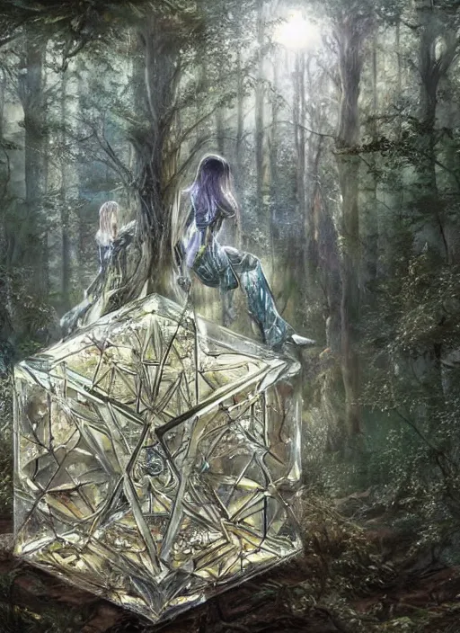 Prompt: a crystal cube in a forest, highly detailed, intricate, concept art, art station, cinematic light, realistic, ethereal light, art by H.R. Giger and sorayama