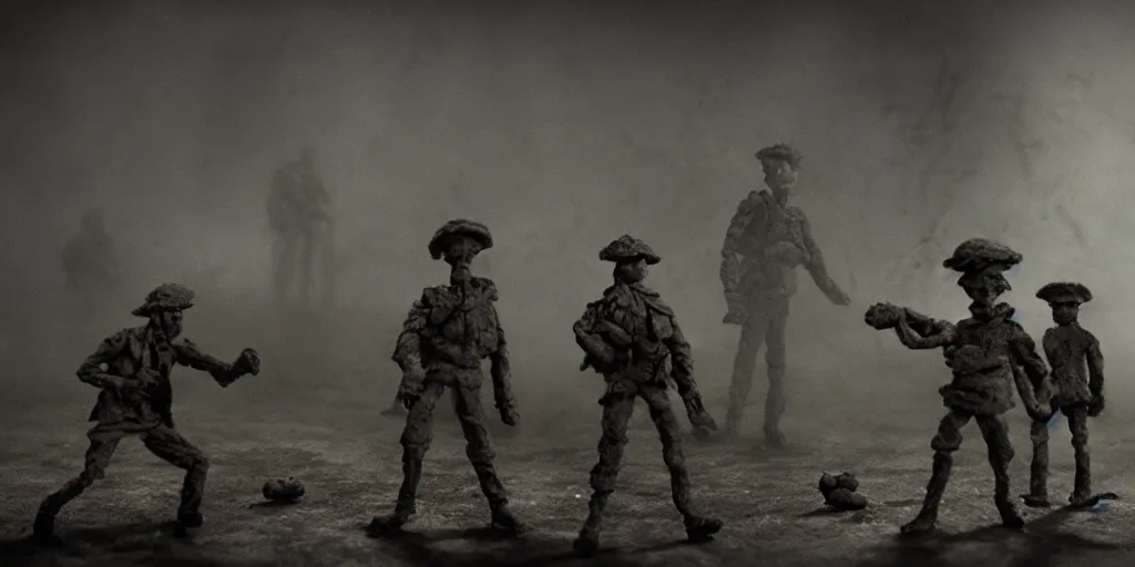 Image similar to the world war 3, surrealistic detailed claymation art, dark, moody, foggy