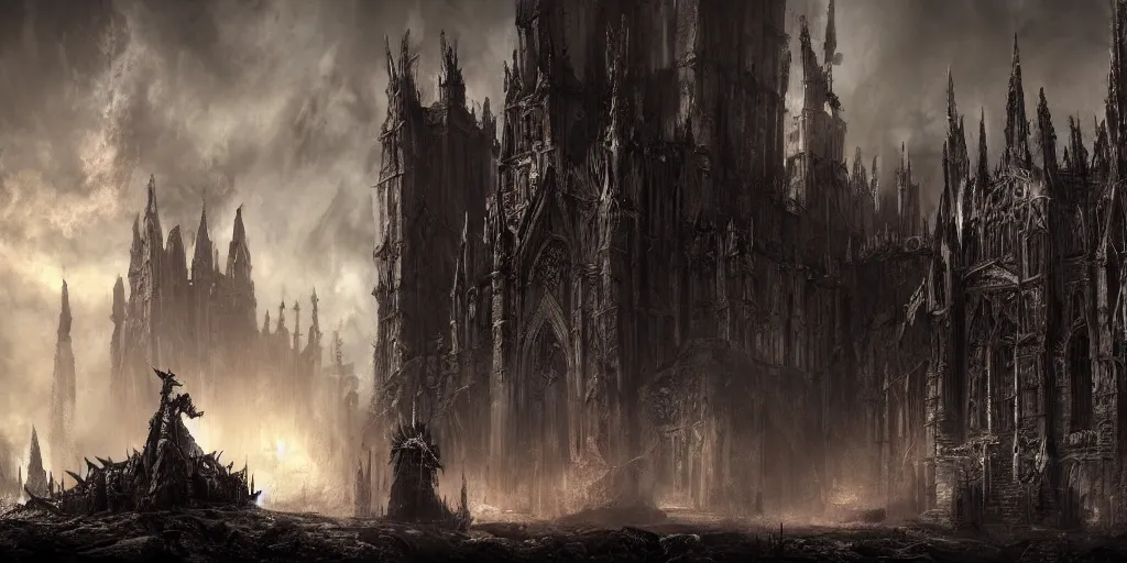 Prompt: dark fantasy cathedral environment, dark souls 3, darksiders, wide angle lens, horror, awe, highly detailed, artstation, game concept art, matte painting