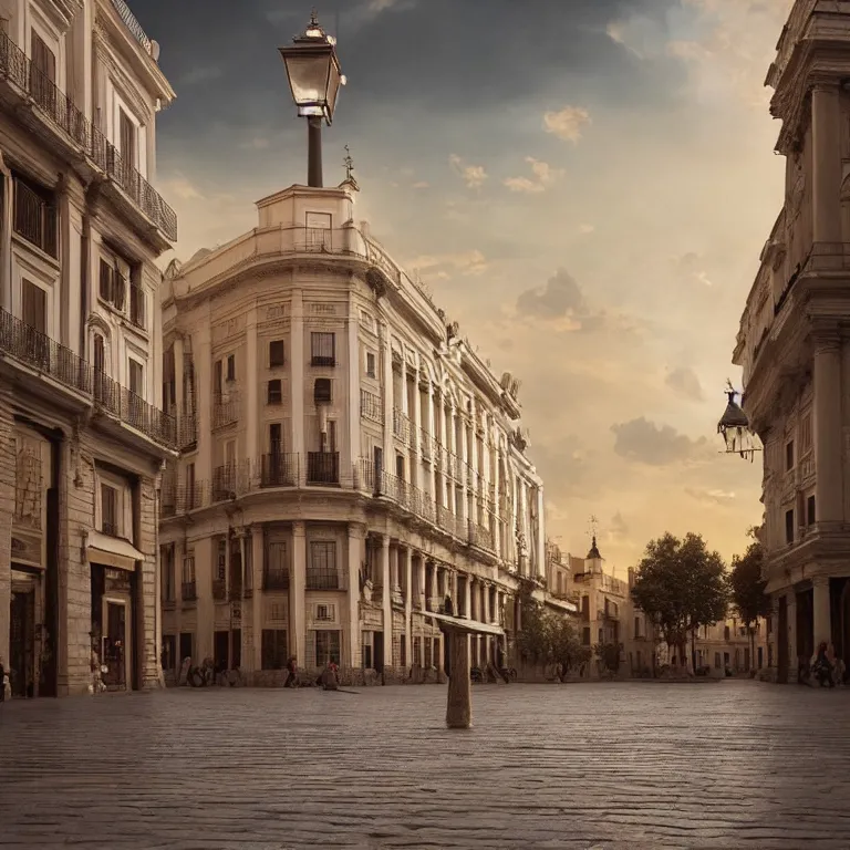 Prompt: old square in madrid, dreamlike atmosphere, symmetrical baroque painting, perfect composition, beautiful and detailed intricate high detailed octane that is trending on artstation, 8 k fine art photography, photorealistic, soft natural volumetric cinematic perfect light, chiaroscuro, award - winning photography, masterpiece, raphael, caravaggio, greg rutkowski, beeple