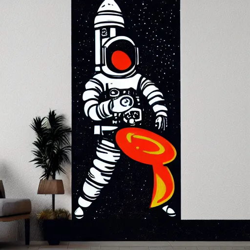 Image similar to mural of an astronaut exploring deep space, rocket in the background, laser beams, black and white paint, stencil art, abstract, cyberpunk, painted on a giant wall