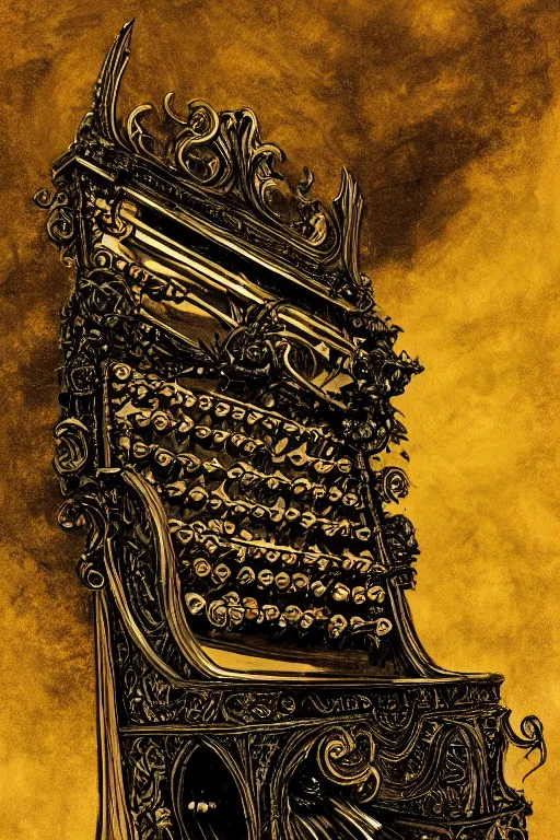 Image similar to illustration of close low angle view of an ornate obsidian gothic pipe organ with gold spidery embellishments, night, smoke, ground fog, by frank frazetta, vincent di fate, obtuse angles, lines, super detailed, digital art, trending on artstation, ornate