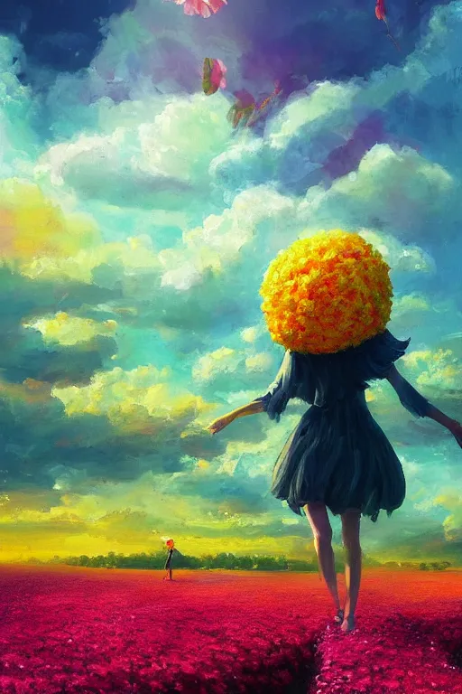 Image similar to giant flower head, girl walking in a flower field, surreal photography, sunrise, dramatic light, impressionist painting, colorful clouds, digital painting, artstation, simon stalenhag