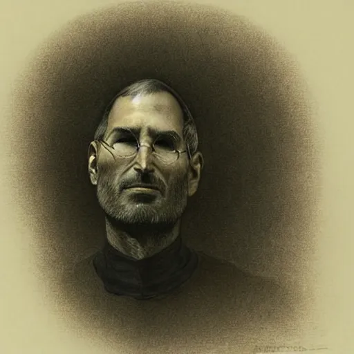 Prompt: portrait of steve jobs dramatic lighting by gustave dore and giger, museum print from copper plate etching, artstation