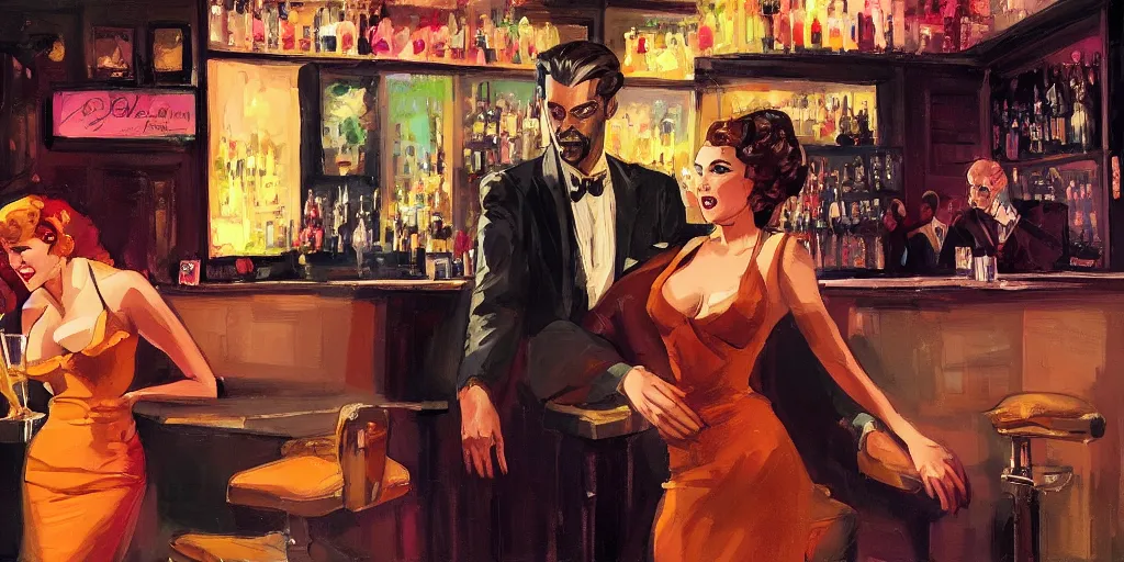 Prompt: a man wearing a tie is having a drink with a femme fatale at the bar of a 4 0 s jazz club, warm color palette, night time, dramatic lighting, noir film, character sheet, fine details, high contrast, blacksad, kim jung gi, greg rutkowski, trending on artstation, 8 k, front view, back view, ultra wide angle