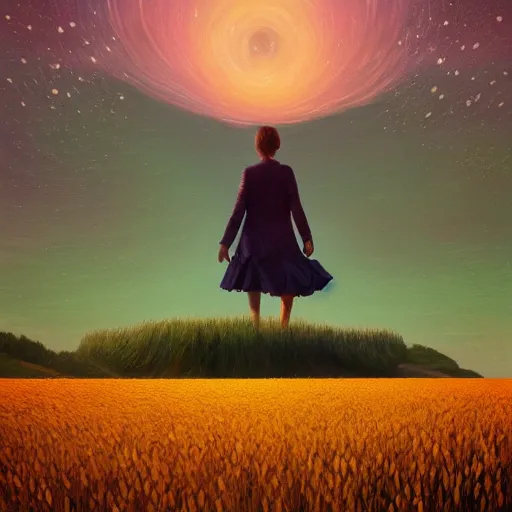 Image similar to giant flower as a head, girl walking in wheat field, hills, surreal photography, dark night, star trails, dramatic light, impressionist painting, clouds, digital painting, artstation, simon stalenhag