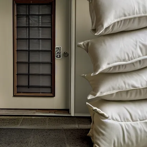Image similar to Security camera photo of 2 flying pillows, photo was taken in front of someone door, realistic, low resolution.