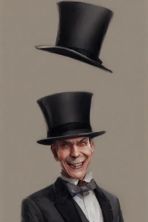 Image similar to a grey hair man with stubble top hat and suit smile by Greg Rutkowski, painting, portrait, high details, trending on artstation