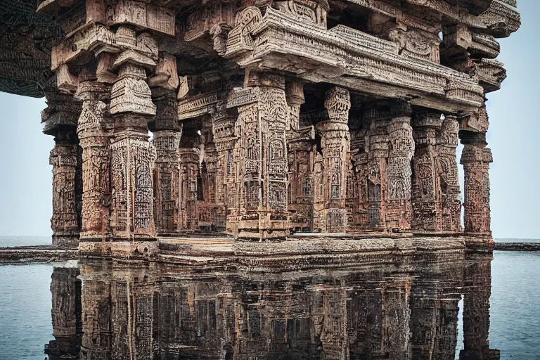 Prompt: photography of a beautiful archipelago of never seen before stunning ancient indian temple. intricate pilars patern, runes. water and flowers. inspiring science fiction, intricate, elegant, uplifting, inspirational, highly detailed by beksinski and simon stalenhag