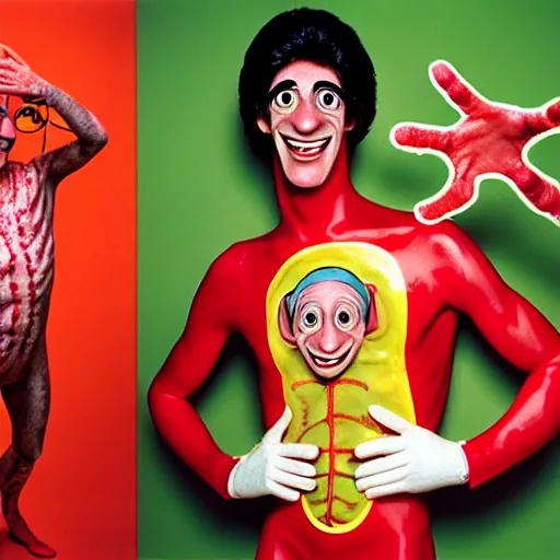 Image similar to uhd photorealisitc candid photo of anthony fauci dressed as slim goodbody. bloody. correct coostume. correct face, accurate face. photo by annie leibowitz and steve mccurry