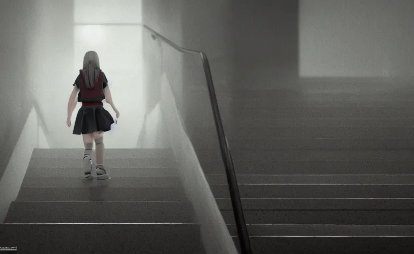 Image similar to school girl going up the stairs, gloomy and foggy atmosphere, octane render, cgsociety, artstation trending, horror scene, highly detailded