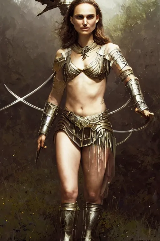 Image similar to natalie portman, warrior, partially clothed in metal battle armor, lord of the rings, tattoos, decorative ornaments, by carl spitzweg, ismail inceoglu, vdragan bibin, hans thoma, greg rutkowski, alexandros pyromallis, perfect face, fine details, realistic shading, photorealism