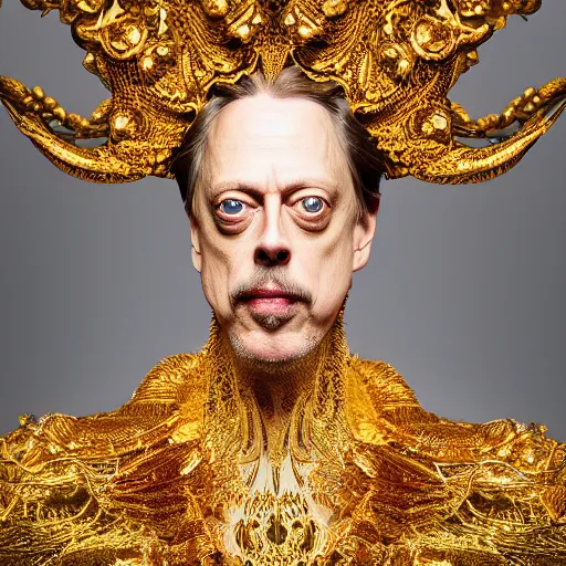 Image similar to 8 5 mm f 1. 8 photograph of steve buscemi wearing an ornate costume by iris van herpen, highly detailed, digital painting, artstation, smooth, sharp foccus, commercial photography, fashion shoot