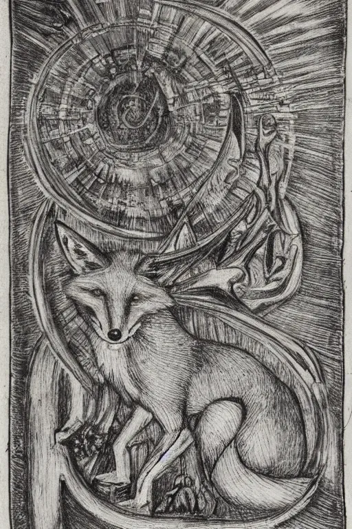 Image similar to realistic medieval etching of the fox of chaos, high detail, elaborate composition, quality draughtmanship, detailed faces. by austin osman spare, occult art, alchemical diagram