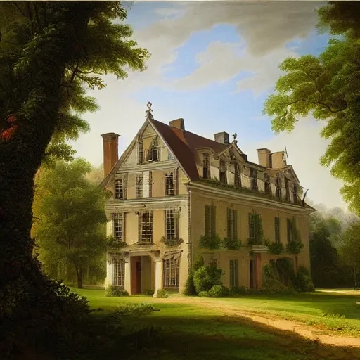 Image similar to a large serene beautiful matte painting of a delapitaded quaint french country mansion covered in vines, by asher brown durand and george ault featured on artstation,